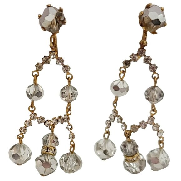 AB Beaded Prong Set Clear Rhinestone Chandelier Clip-On Earrings 2” Long, K130 - Picture 10 of 10